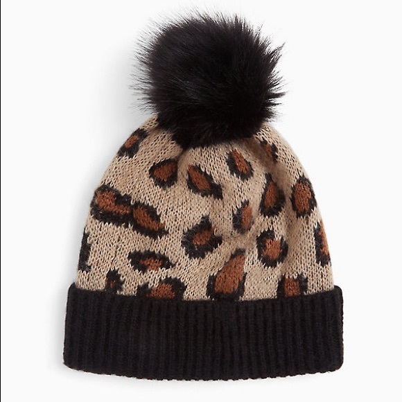 LEOPARD & BLACK FAUX FUR POM POM BEANIE - Picture 2 of 3